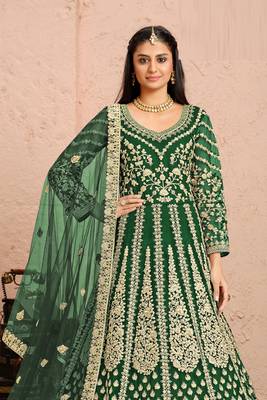 Green embroidery & sequins free size stitched kurta set for women 2