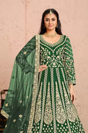 Green embroidery & sequins free size stitched kurta set for women