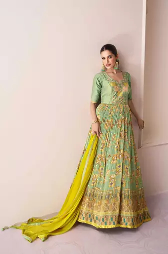 Pista green embroidery & sequins free size stitched kurta set for women