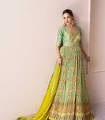 Pista green embroidery & sequins free size stitched kurta set for women