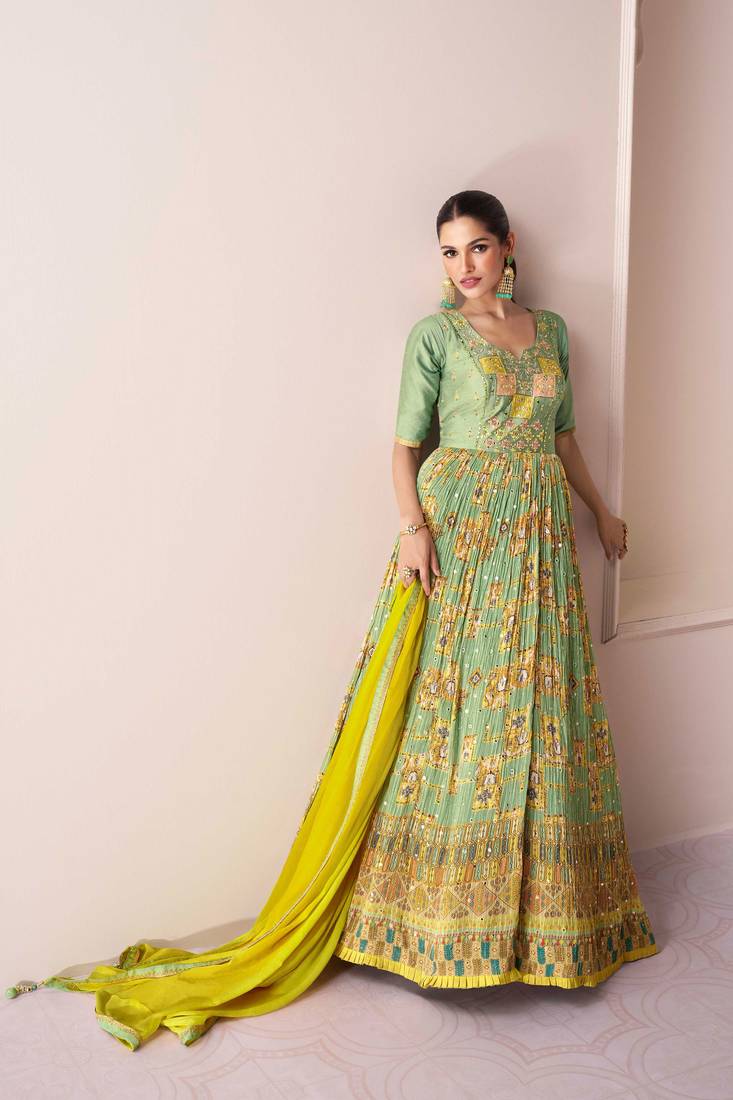 Pista green embroidery & sequins free size stitched kurta set for women