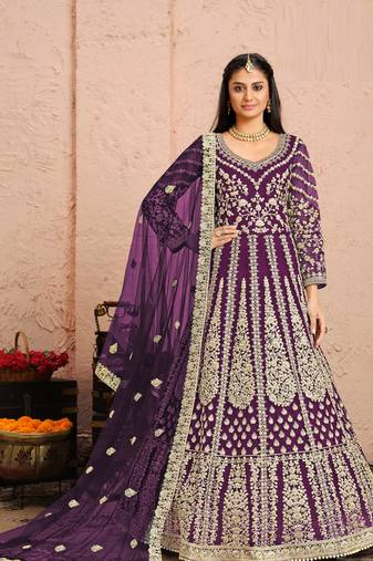 Purple embroidery & sequins free size stitched kurta set for women