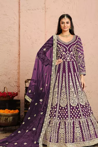 Purple embroidery & sequins free size stitched kurta set for women
