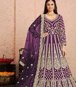 Purple embroidery & sequins free size stitched kurta set for women