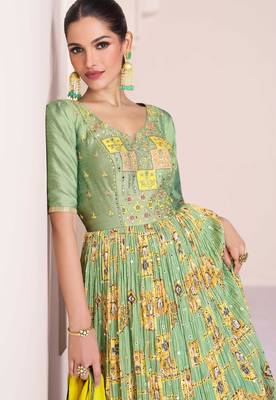 Pista green embroidery & sequins free size stitched kurta set for women 2