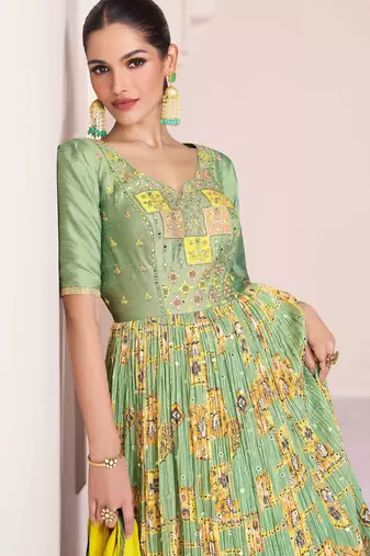 Pista green embroidery & sequins free size stitched kurta set for women