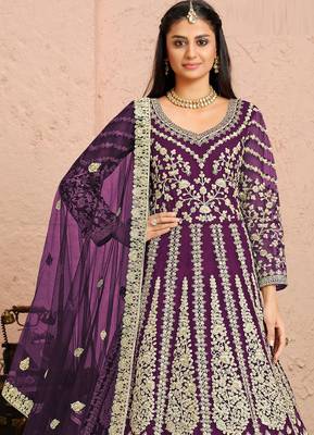 Purple embroidery & sequins free size stitched kurta set for women 2
