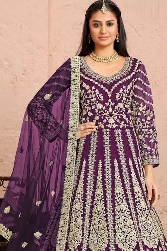Purple embroidery & sequins free size stitched kurta set for women