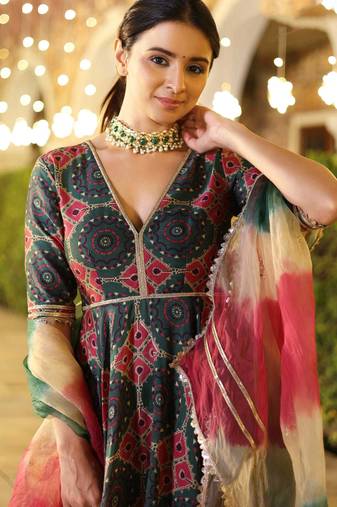 Multi embroidery & sequins free size stitched kurta set for women