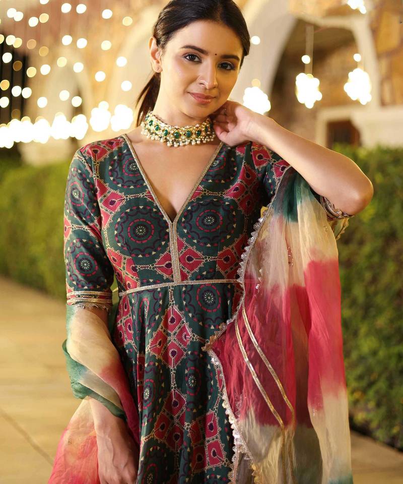 Multi embroidery & sequins free size stitched kurta set for women