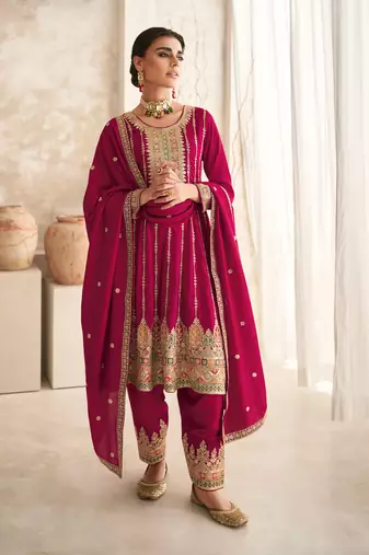 Pink embroidery & sequins free size stitched kurta set for women