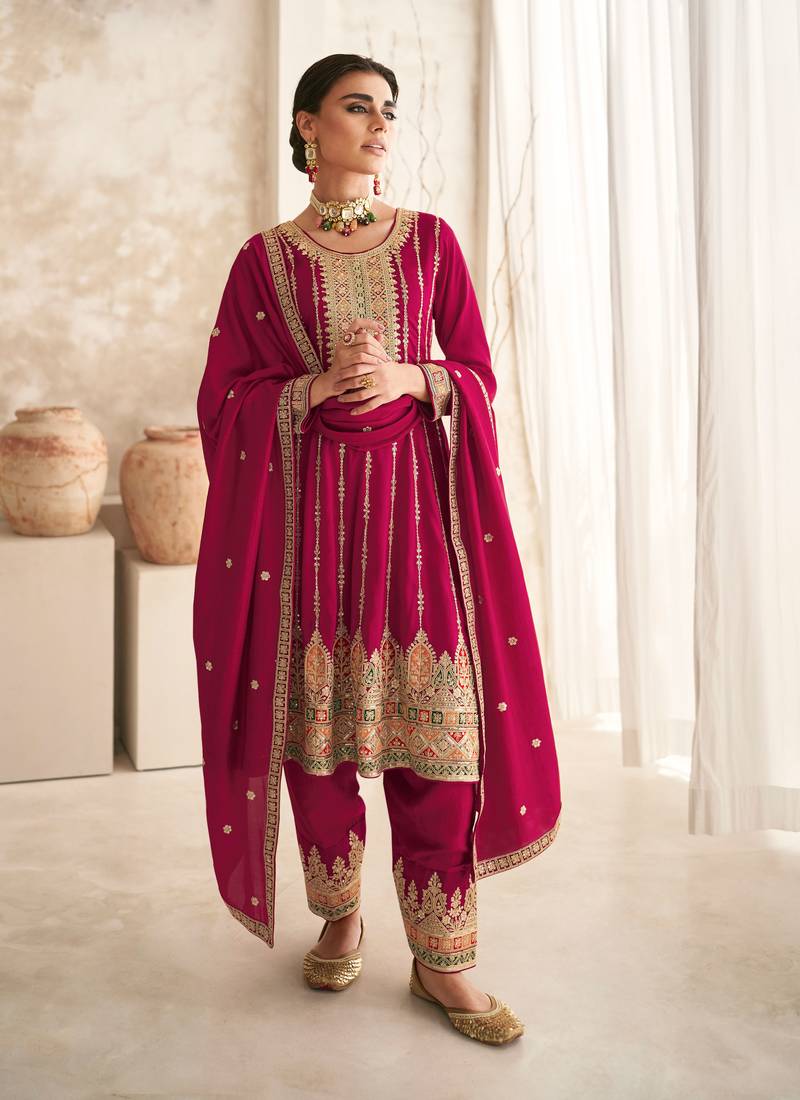 Pink embroidery & sequins free size stitched kurta set for women