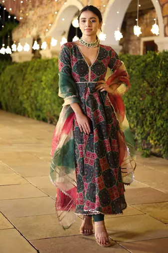 Multi embroidery & sequins free size stitched kurta set for women
