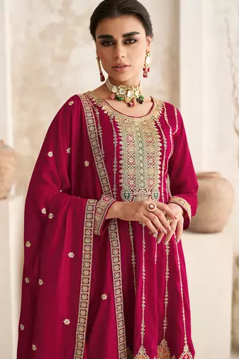 Pink embroidery & sequins free size stitched kurta set for women
