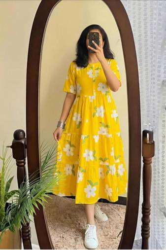yellow rayon floral printed casual midi dress