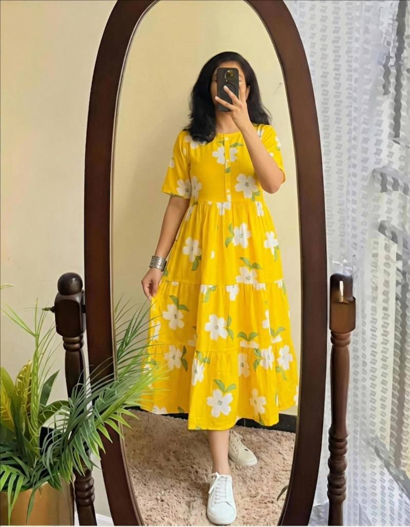 yellow rayon floral printed casual midi dress