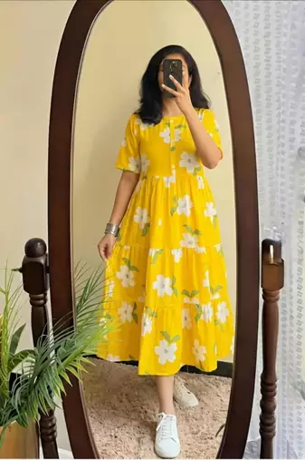 yellow rayon floral printed casual midi dress