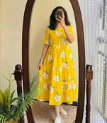 yellow rayon floral printed casual midi dress