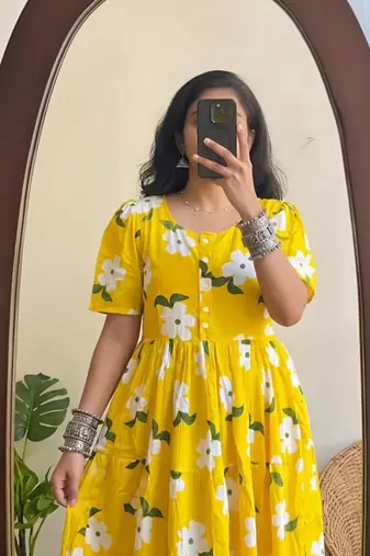 yellow rayon floral printed casual midi dress