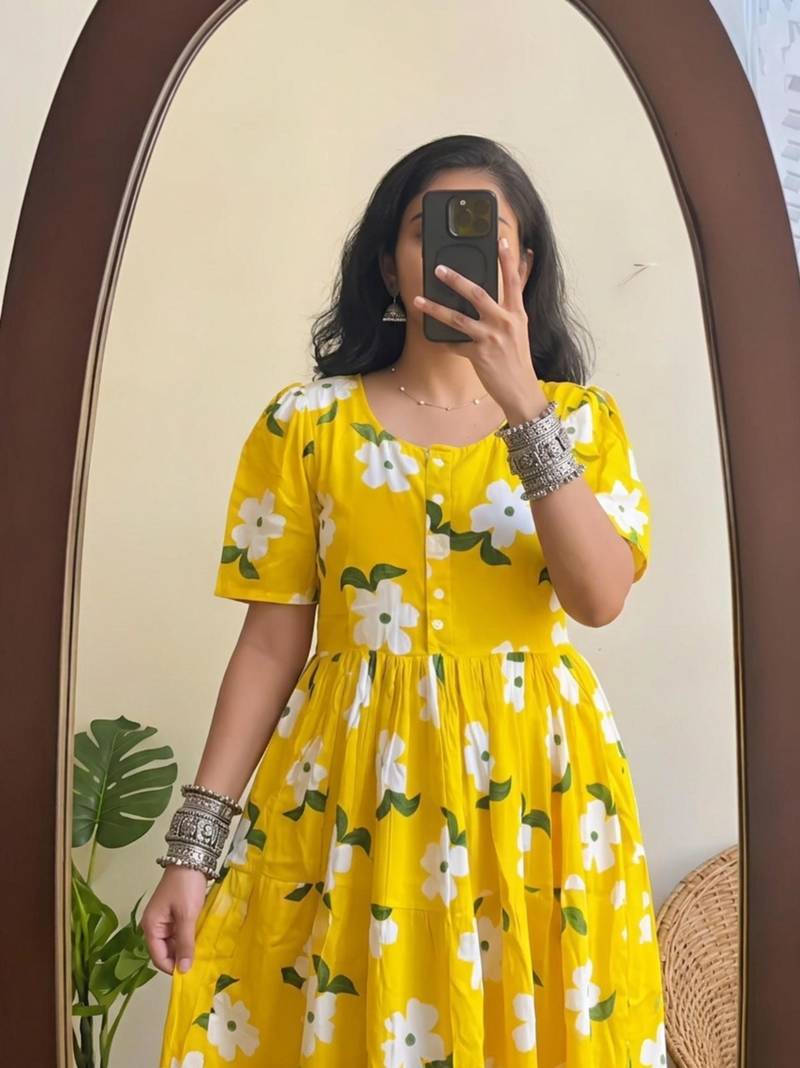 yellow rayon floral printed casual midi dress