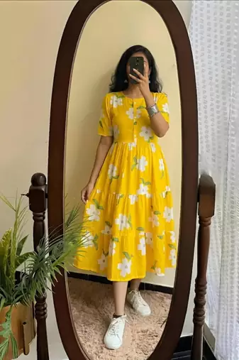 yellow rayon floral printed casual midi dress
