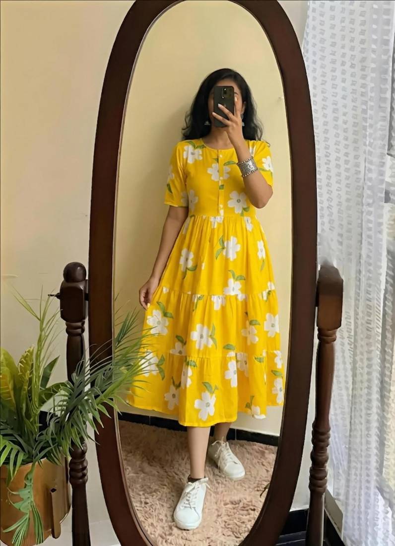 yellow rayon floral printed casual midi dress