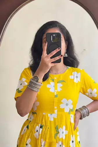 yellow rayon floral printed casual midi dress
