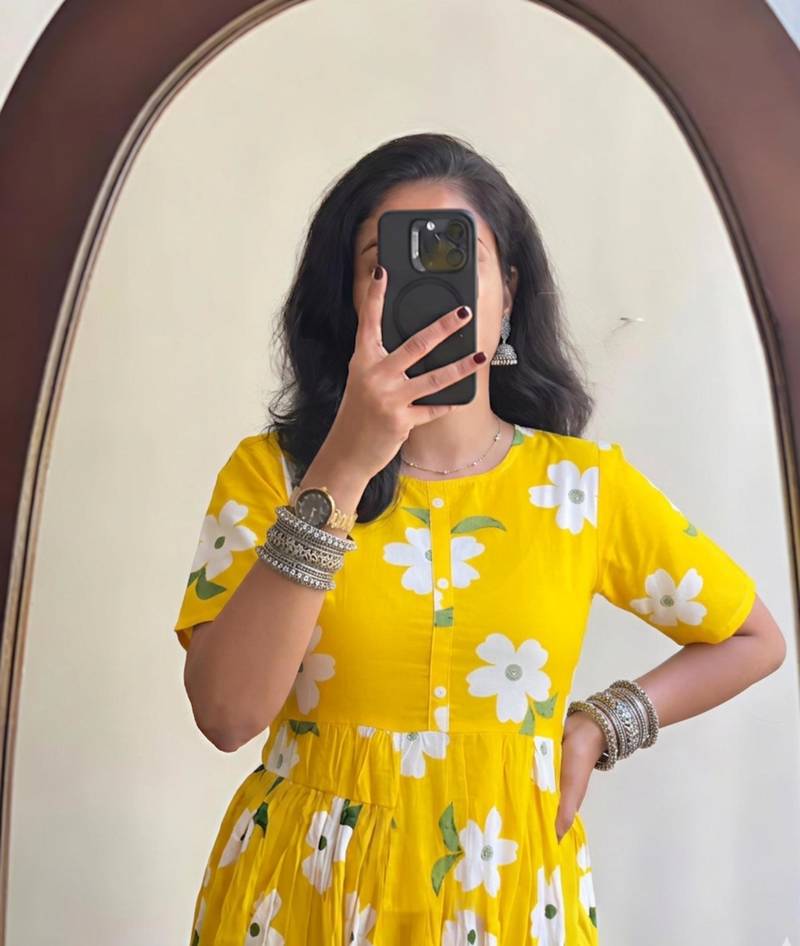 yellow rayon floral printed casual midi dress
