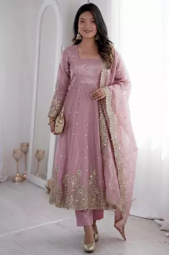  baby pink embroidered anarkali suit set with dupatta