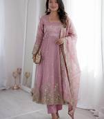 Womens new latest trendy elegant baby pink embroidered anarkali suit set with scalloped dupatta