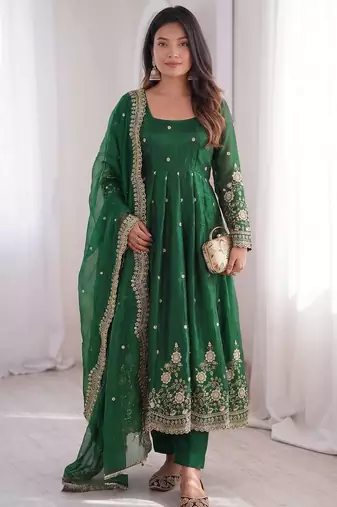  green embroidered anarkali suit set with dupatta