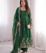 Womens new latest trendy elegant green  embroidered anarkali suit set with scalloped dupatta