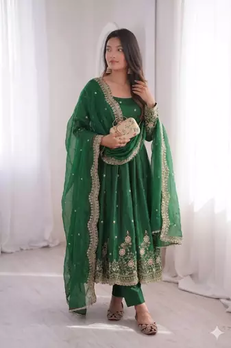 green embroidered anarkali suit set with dupatta
