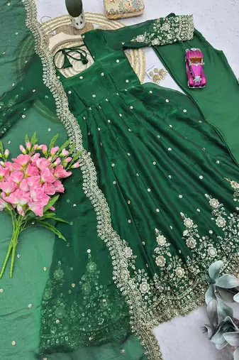 green embroidered anarkali suit set with dupatta