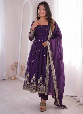 dark blue embroidered anarkali suit set with dupatta 1