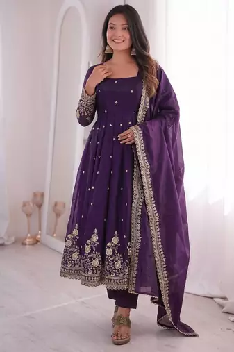  dark blue embroidered anarkali suit set with dupatta