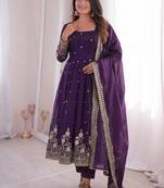 Womens new latest trendy elegant dark blue embroidered anarkali suit set with scalloped dupatta