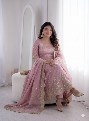 baby pink embroidered anarkali suit set with dupatta 3