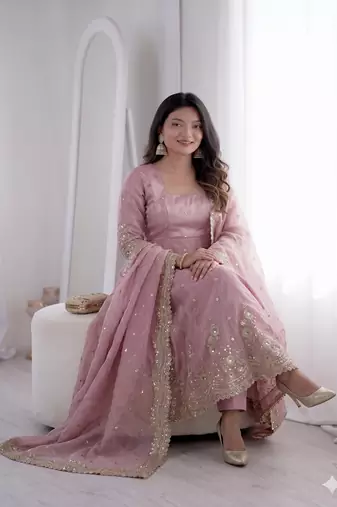 baby pink embroidered anarkali suit set with dupatta