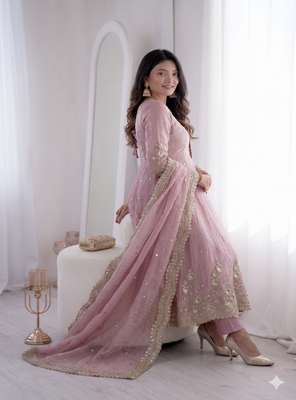 baby pink embroidered anarkali suit set with dupatta 4