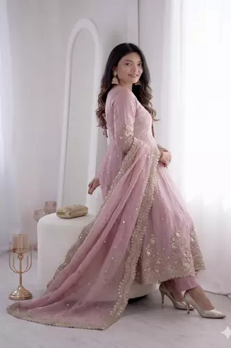 baby pink embroidered anarkali suit set with dupatta