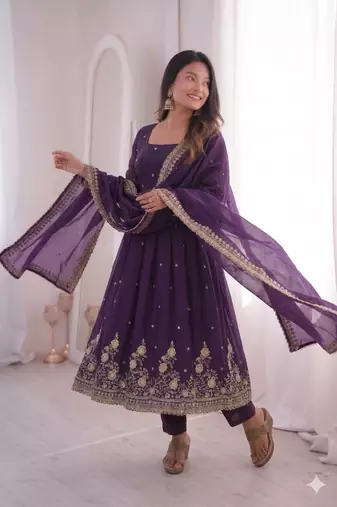 dark blue embroidered anarkali suit set with dupatta
