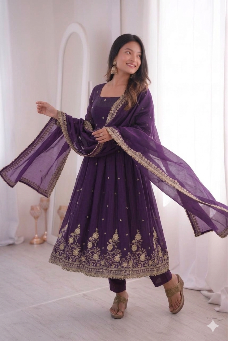 Womens new latest trendy elegant dark blue embroidered anarkali suit set with scalloped dupatta
