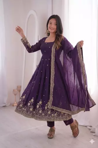 dark blue embroidered anarkali suit set with dupatta