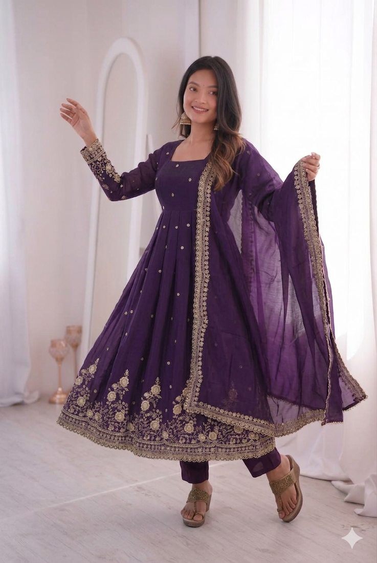 Womens new latest trendy elegant dark blue embroidered anarkali suit set with scalloped dupatta