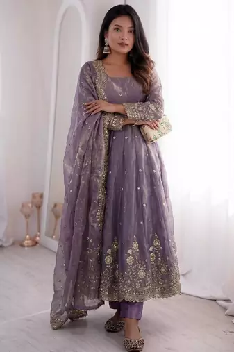lavendar embroidered anarkali suit set with dupatta