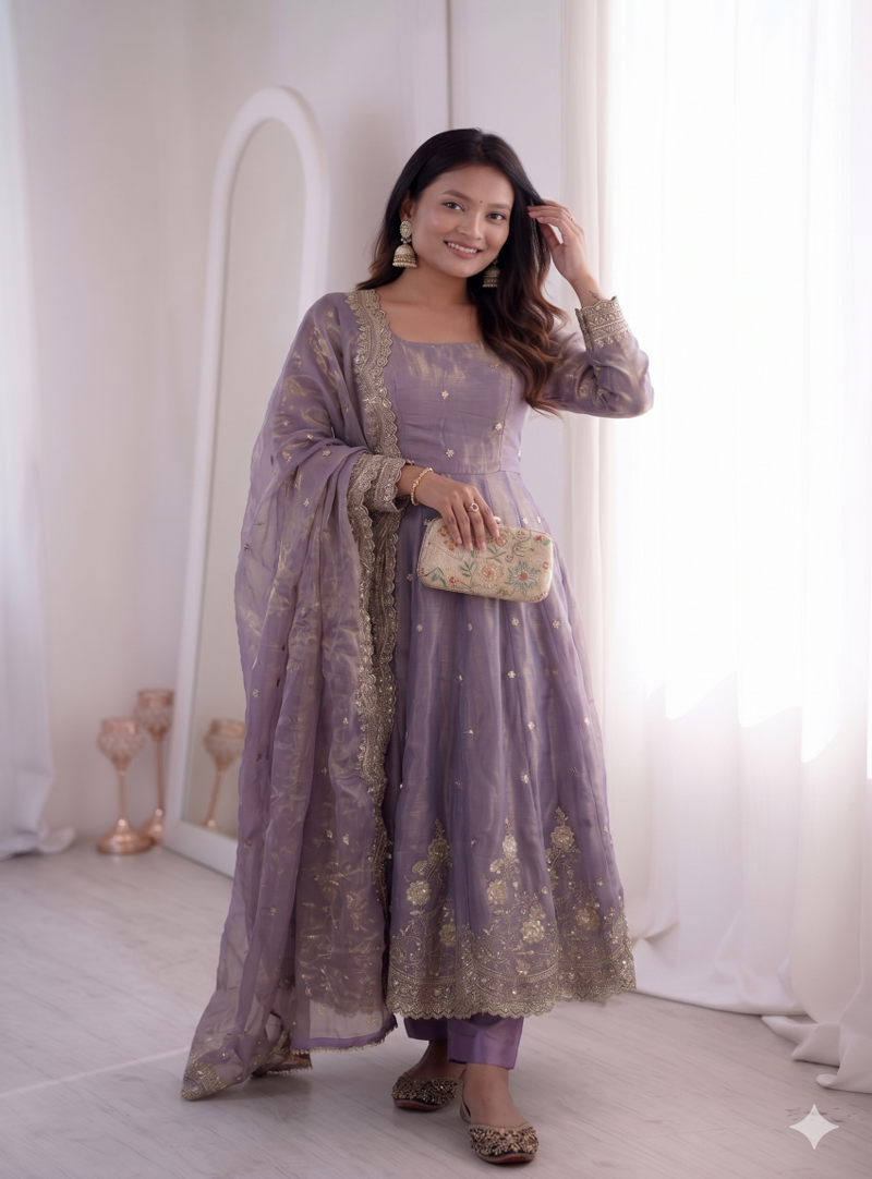 lavendar embroidered anarkali suit set with dupatta