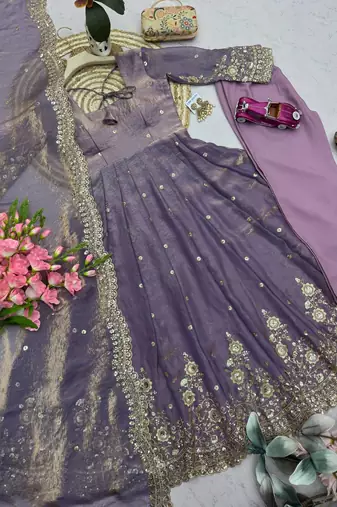 lavendar embroidered anarkali suit set with dupatta
