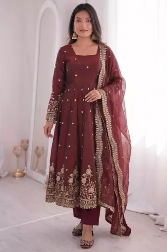  maroon embroidered anarkali suit set with dupatta