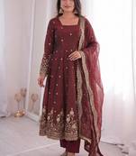 Womens new latest trendy elegant maroon embroidered anarkali suit set with scalloped dupatta